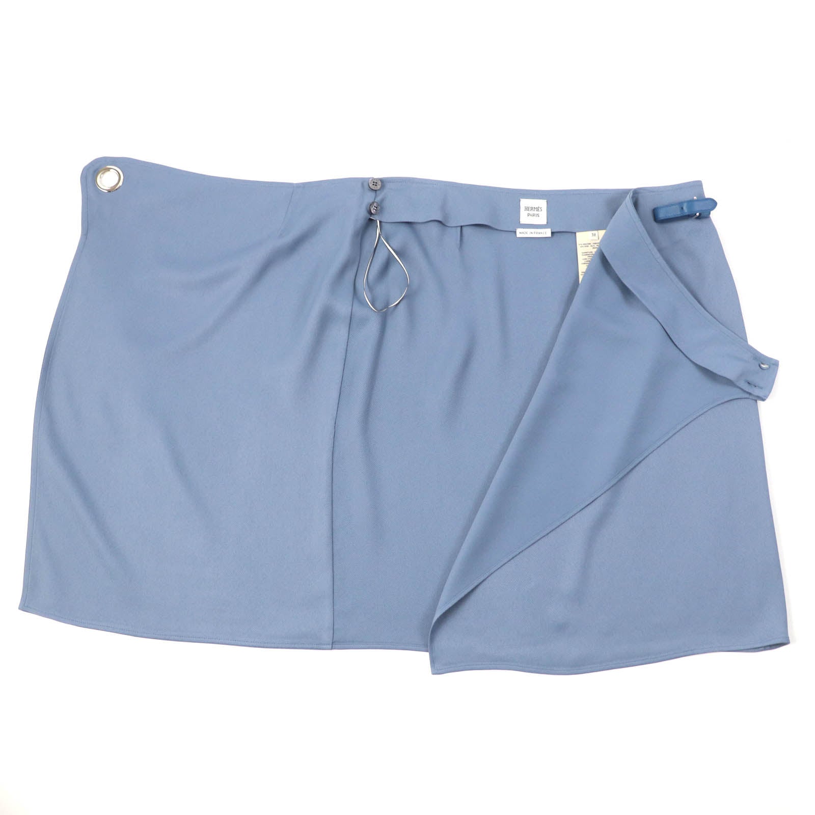 Hermes Rayon Silk Leather Wrap Skirt Blue 38