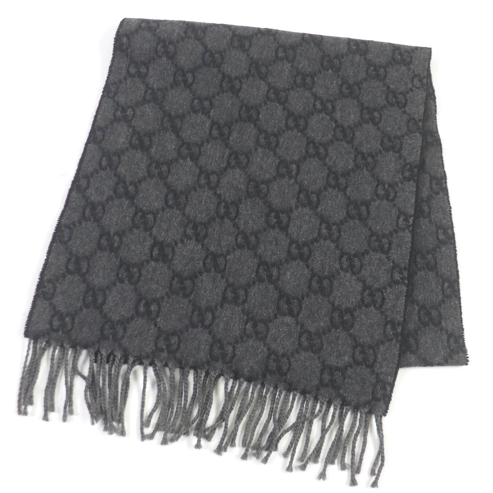 GUCCI Cashmere GG Logo Fringe Scarf Gray Black