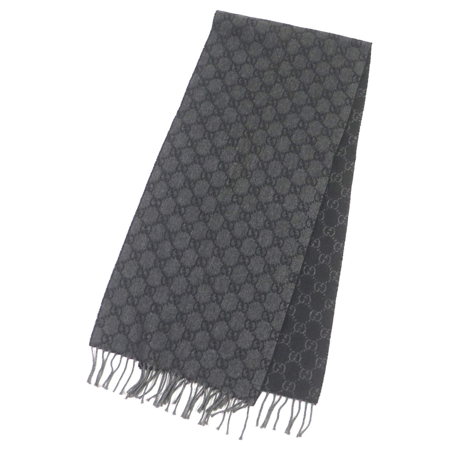 GUCCI Cashmere GG Logo Fringe Scarf Gray Black