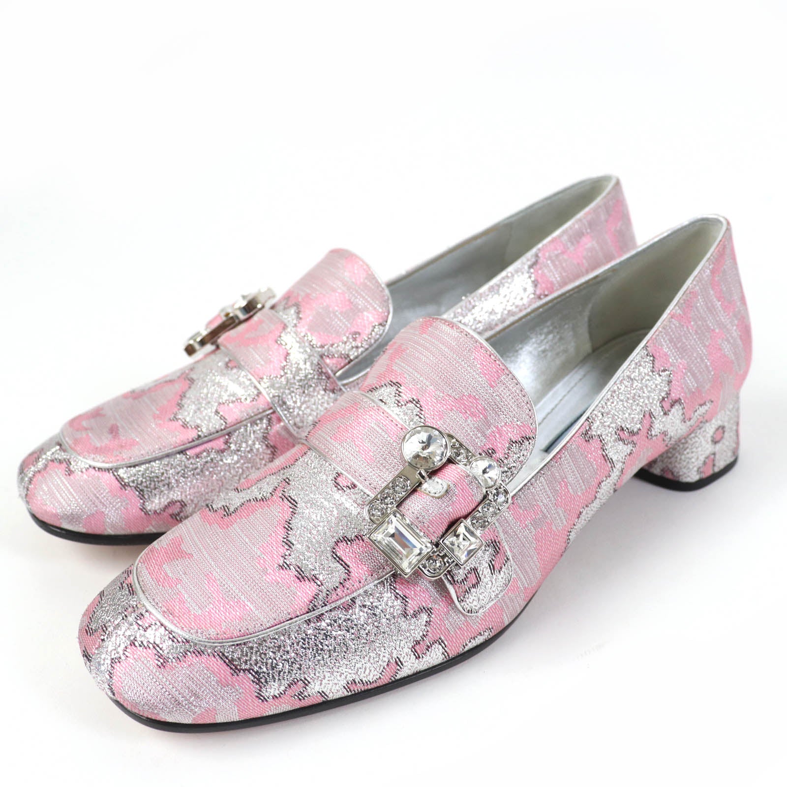 PRADA Crystal Buckle Loafers Pumps Pink 38