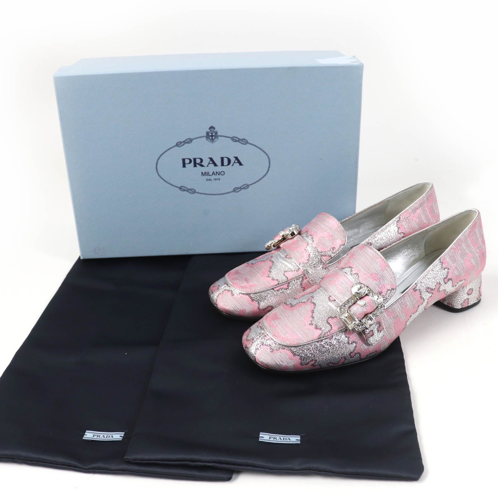 PRADA Crystal Buckle Loafers Pumps Pink 38