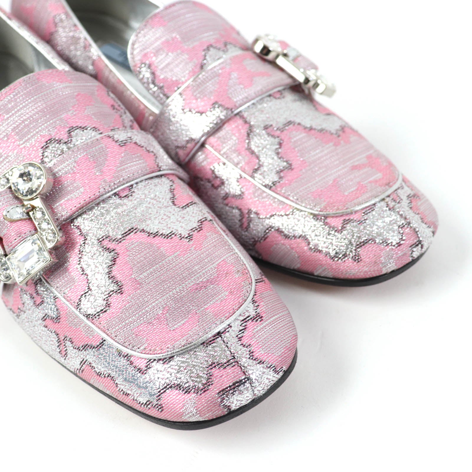 PRADA Crystal Buckle Loafers Pumps Pink 38