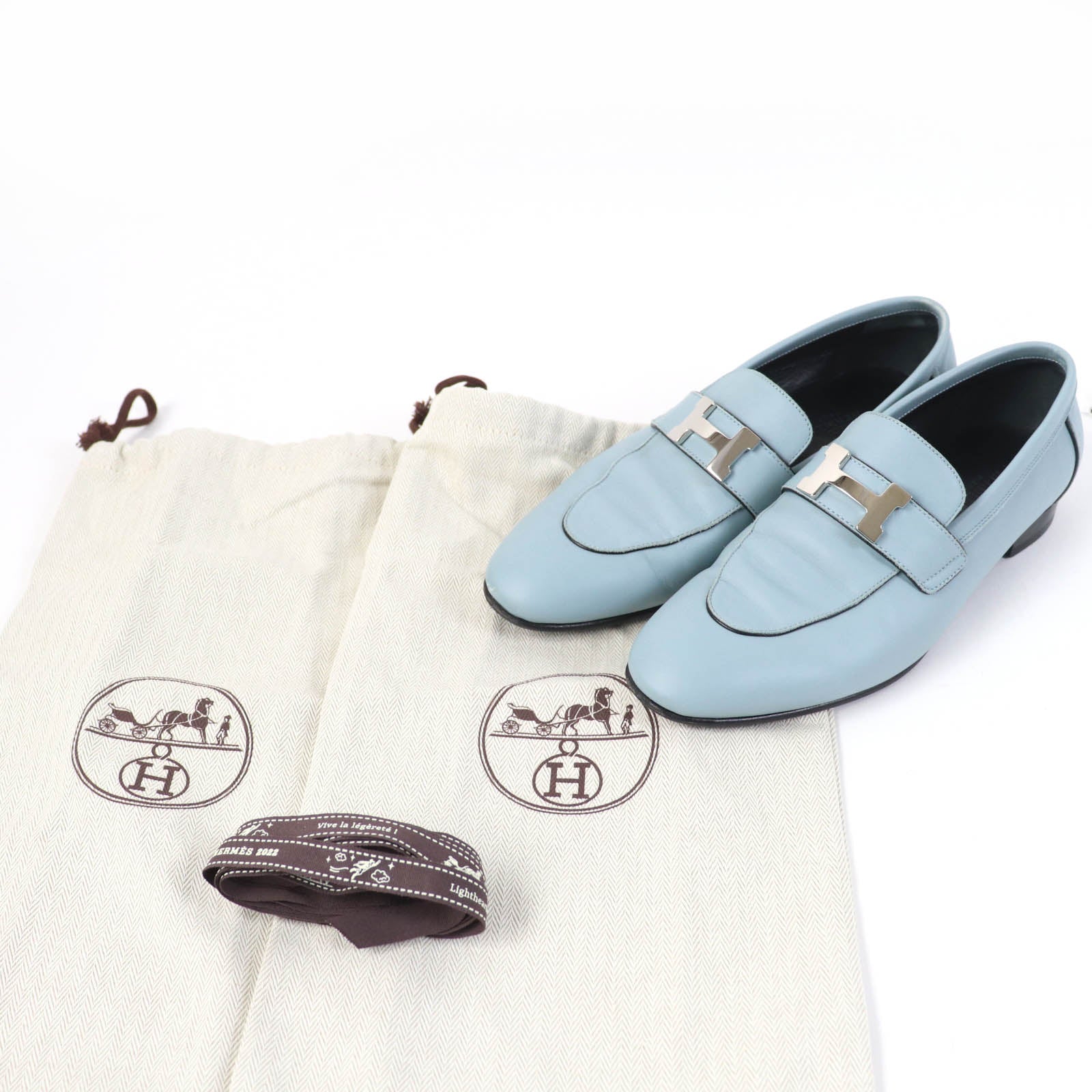 HERMES Leather Constance Loafers Light Blue