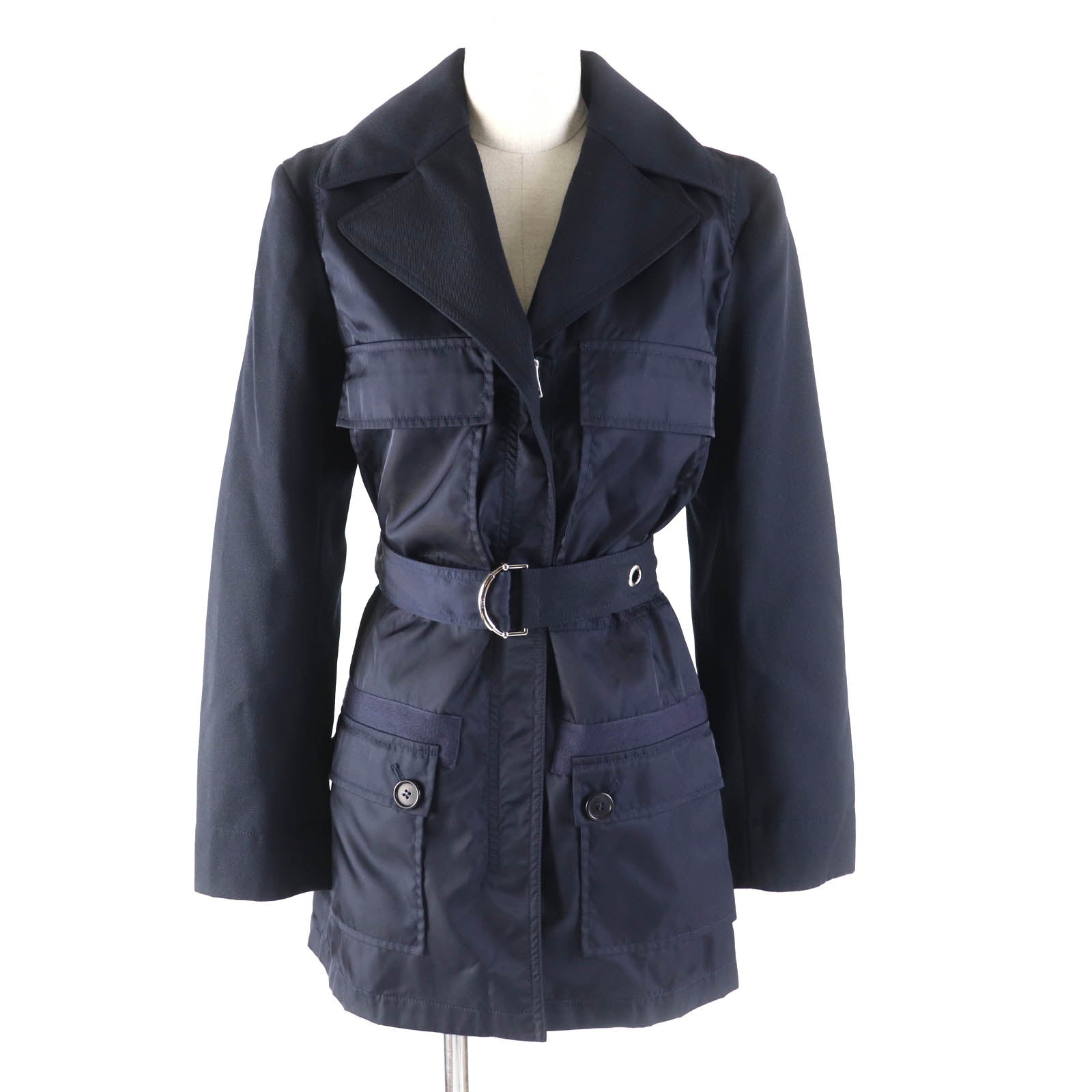 Chloe Wool Nylon Belted Jacket Coat Navy 36 Women