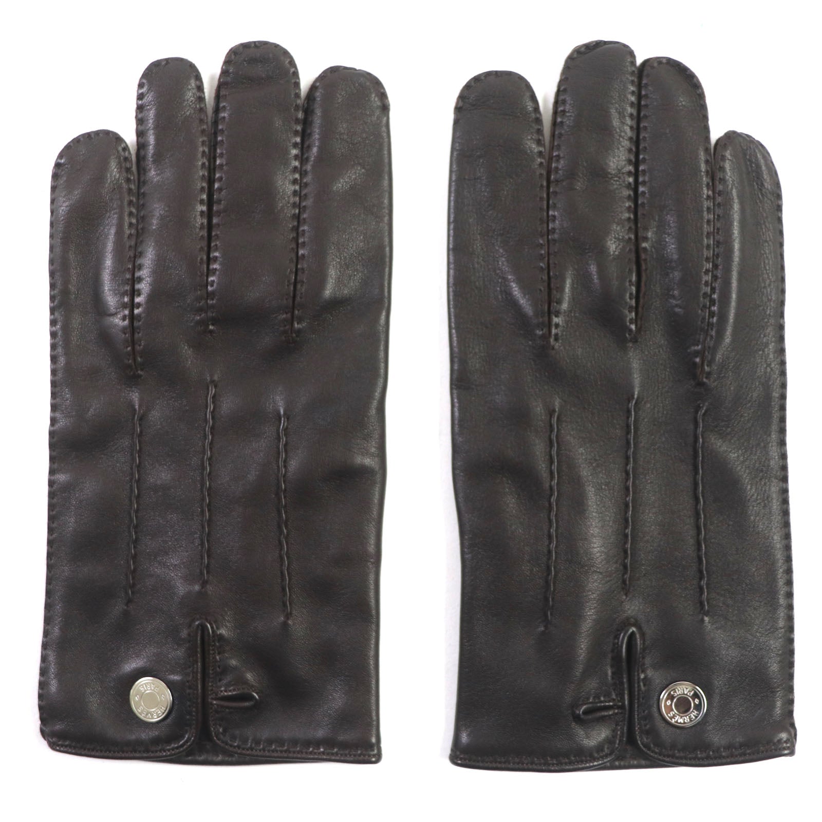 Hermes Lamb Leather Button Gloves Dark Brown