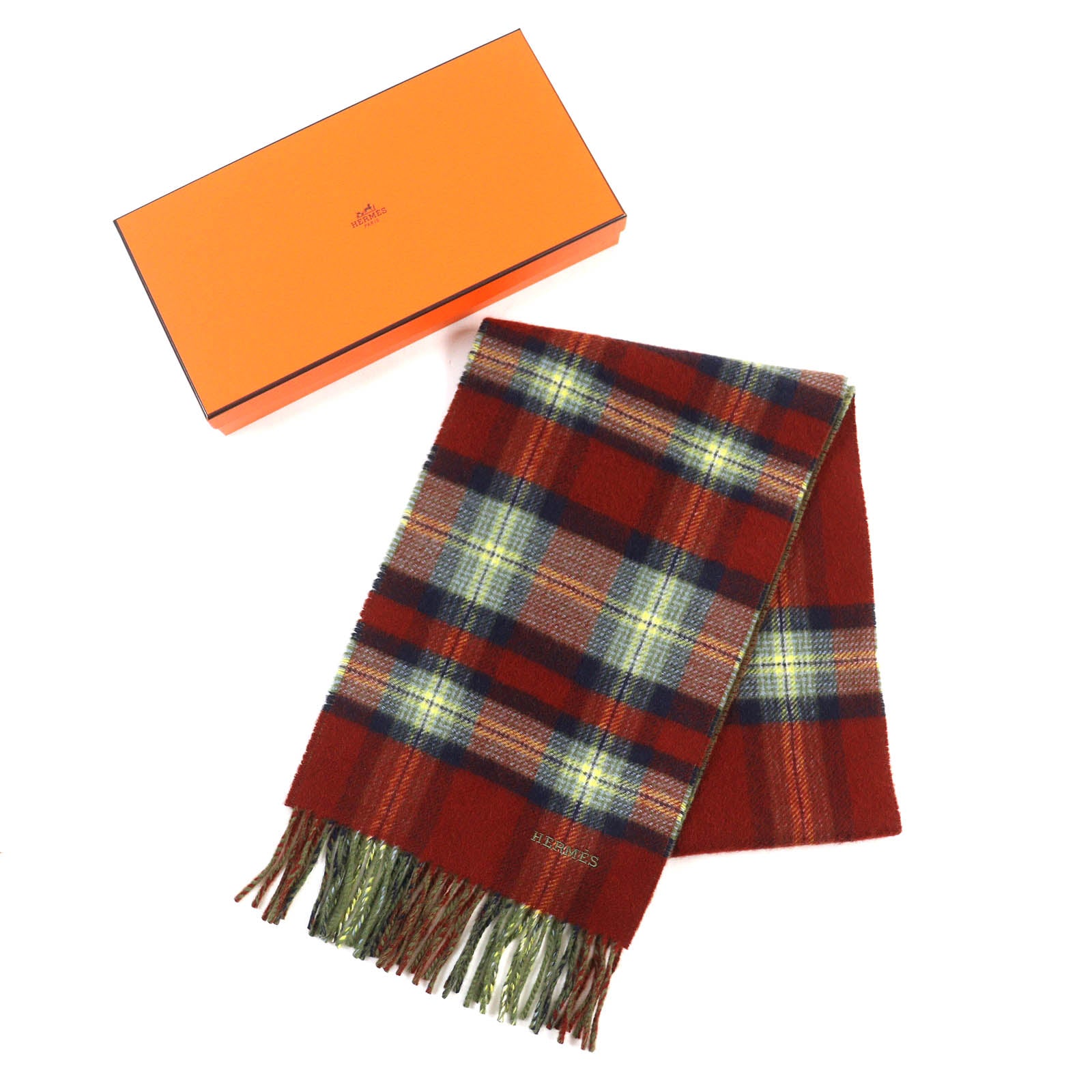 Hermes Cashmere Check Pattern Logo Scarf