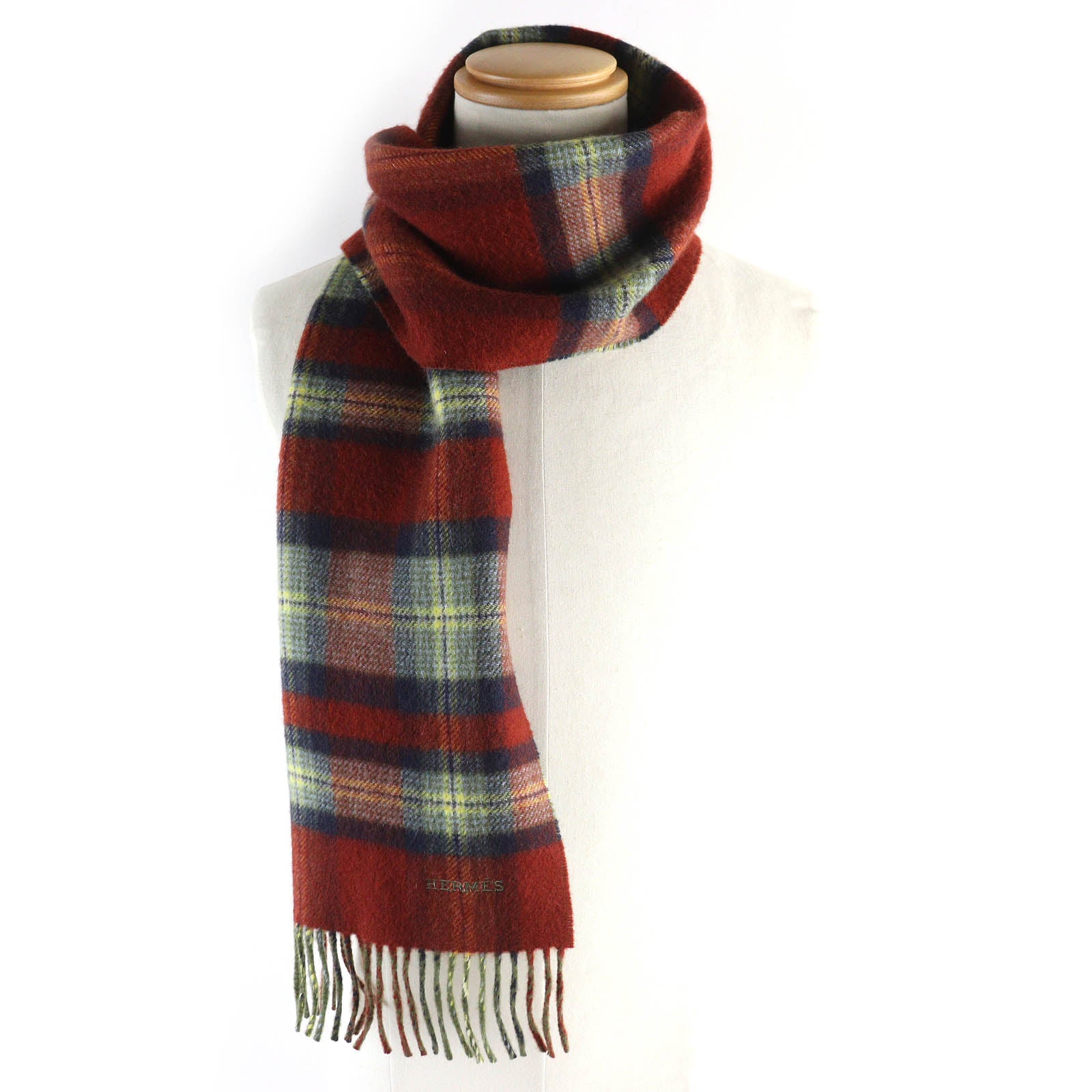 Hermes Cashmere Check Pattern Logo Scarf