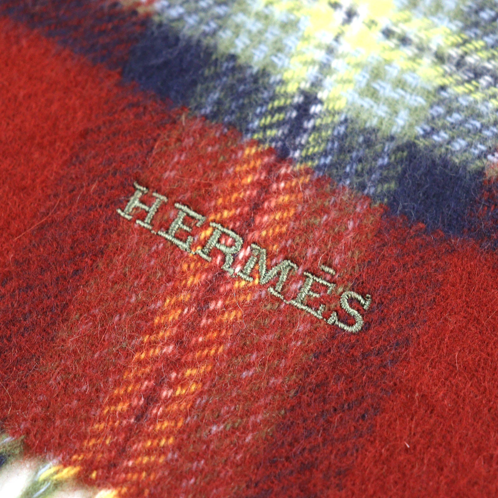 Hermes Cashmere Check Pattern Logo Scarf