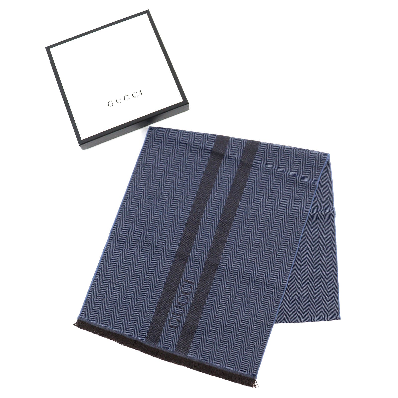 GUCCI Wool Herringbone Logo Scarf Blue Brown