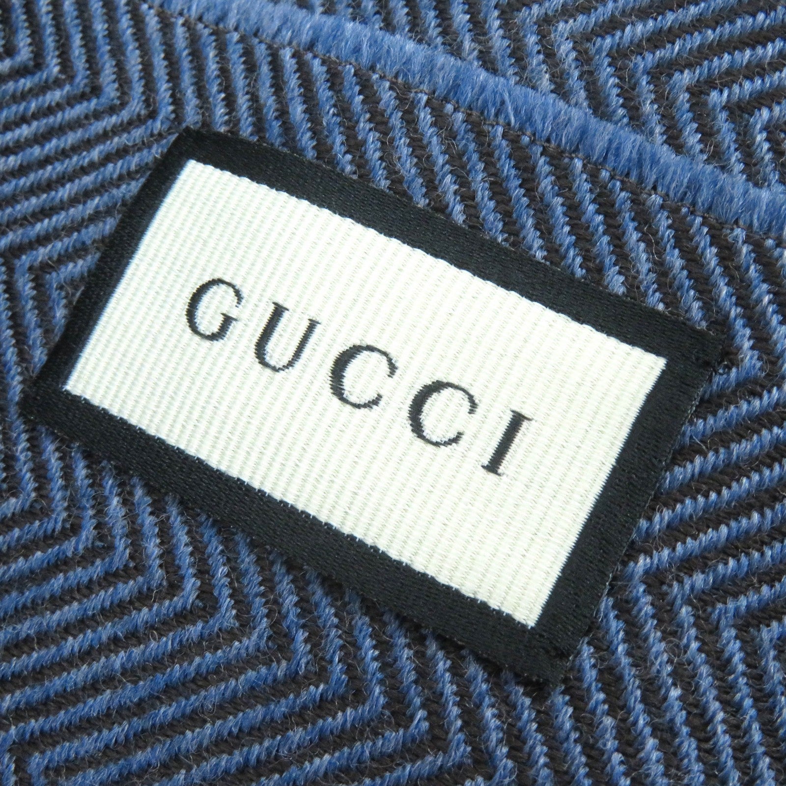 GUCCI Wool Herringbone Logo Scarf Blue Brown