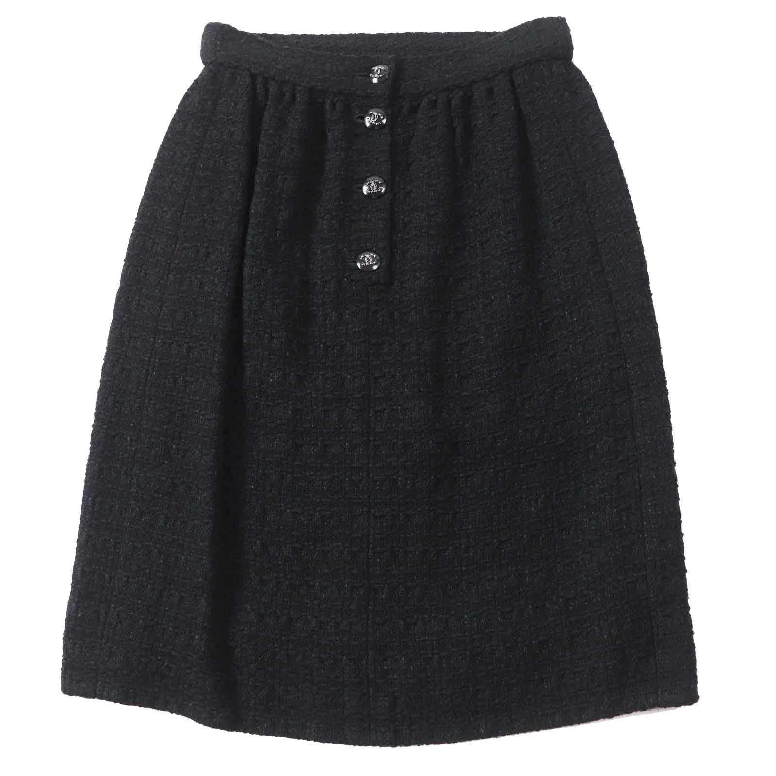 Chanel Tweed Skirt with Rhinestone Button, Black, 36