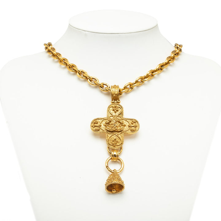 Chanel Vintage Coco Mark Cross Bell Necklace Gold Plated in Very Good Condition