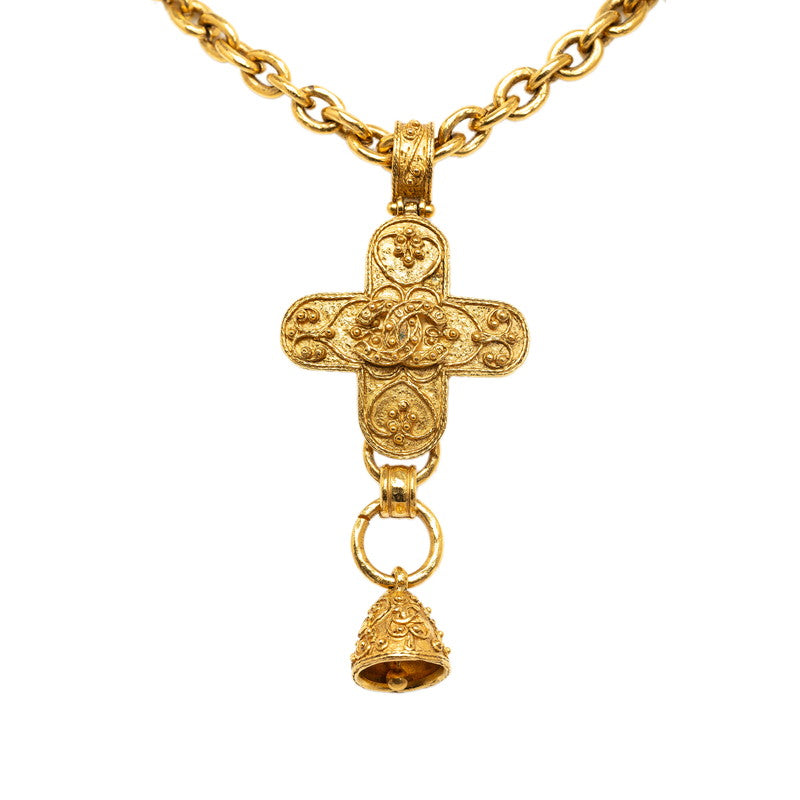 Chanel Vintage Coco Mark Cross Bell Necklace Gold Plated