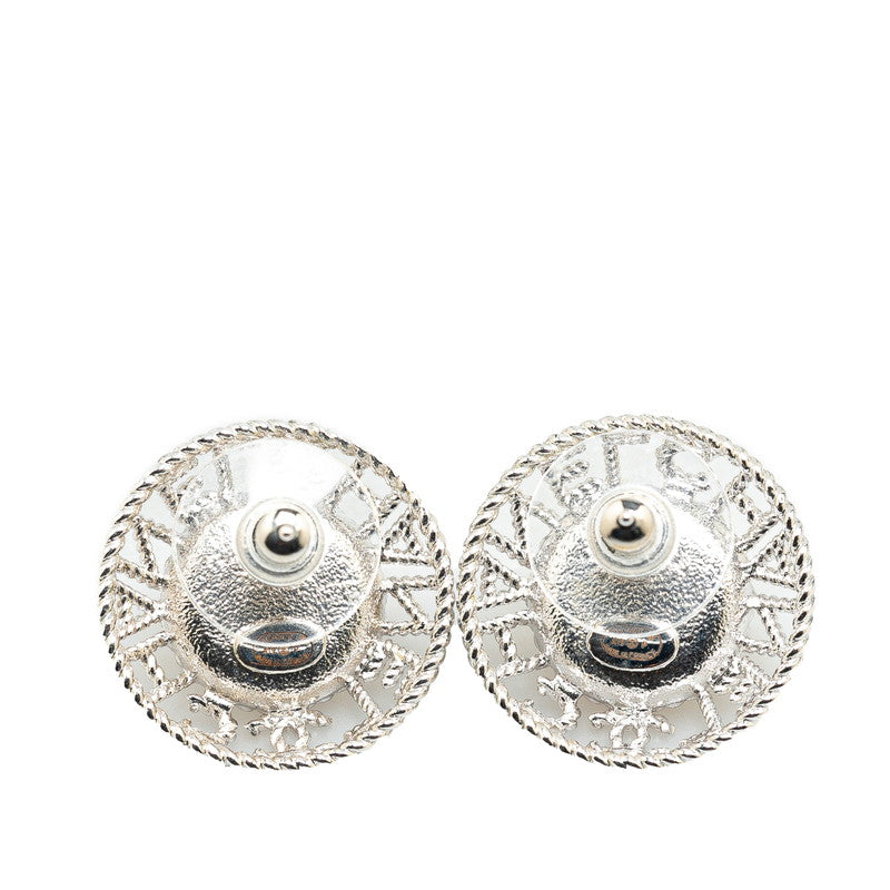 Chanel Logo Pearl Earrings Silver Metal