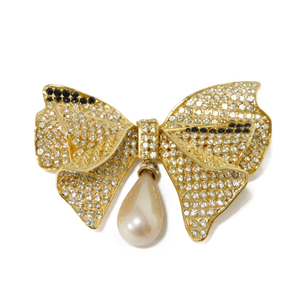 Celine Crystal Ribbon Swing Pearl Brooch