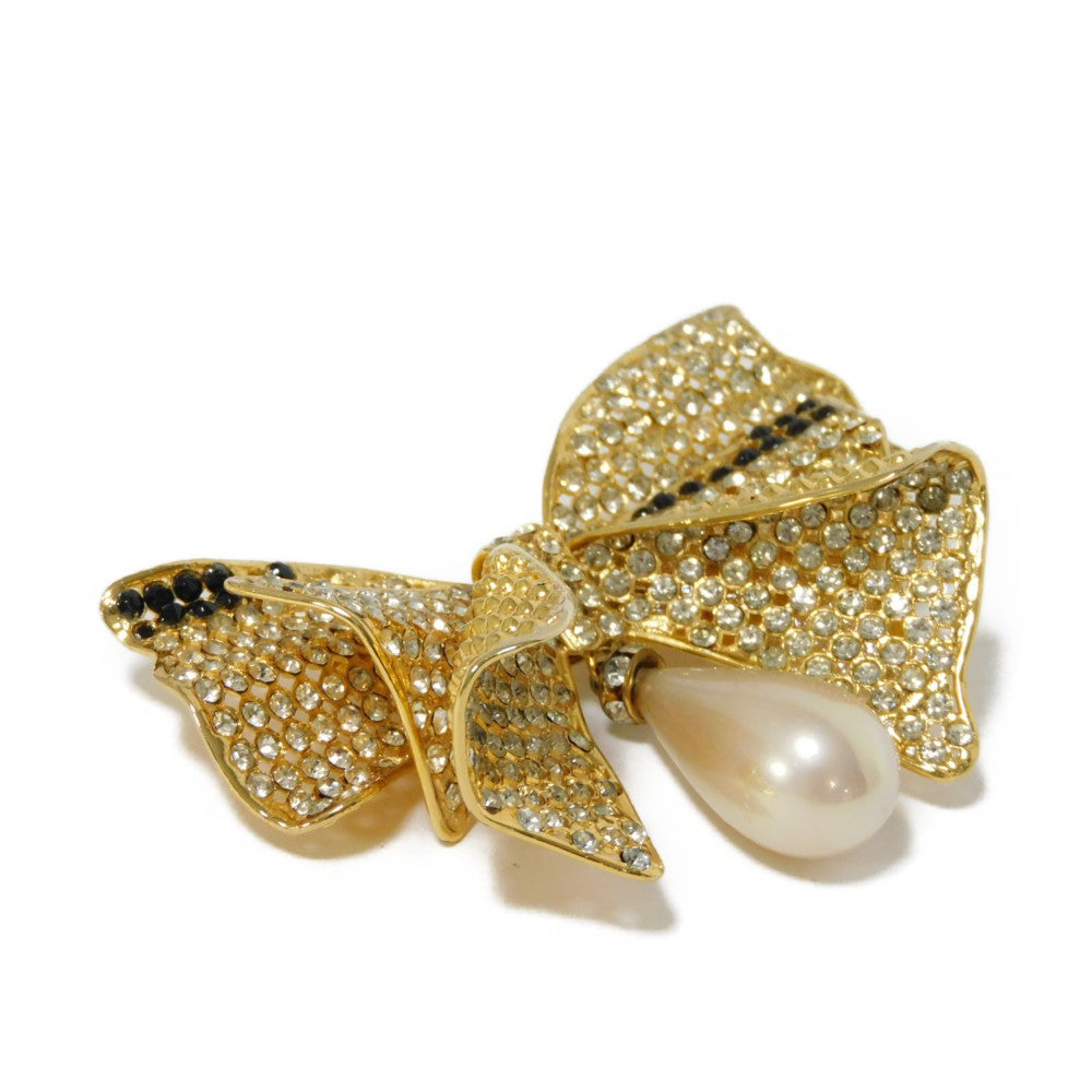 Celine Crystal Ribbon Swing Pearl Brooch