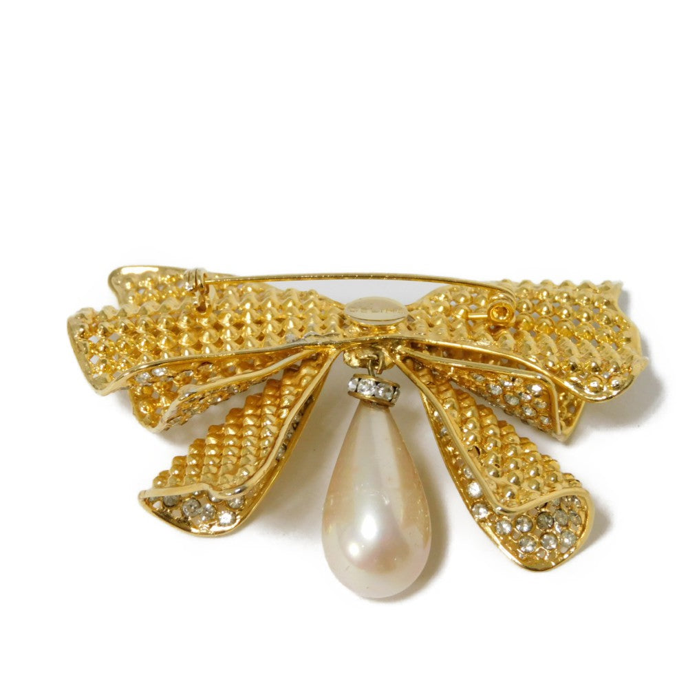 Celine Crystal Ribbon Swing Pearl Brooch