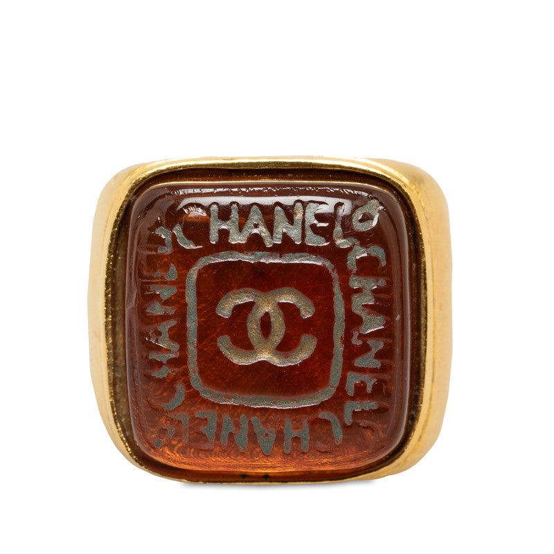 Chanel Vintage Coco Mark Square Ring Gold Brown Clear in Very Good Condition