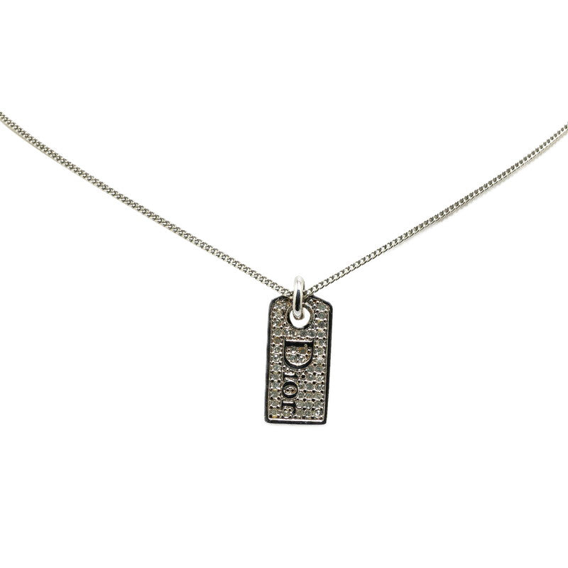 Dior Logo Plate Rhinestone Necklace Silver Metal