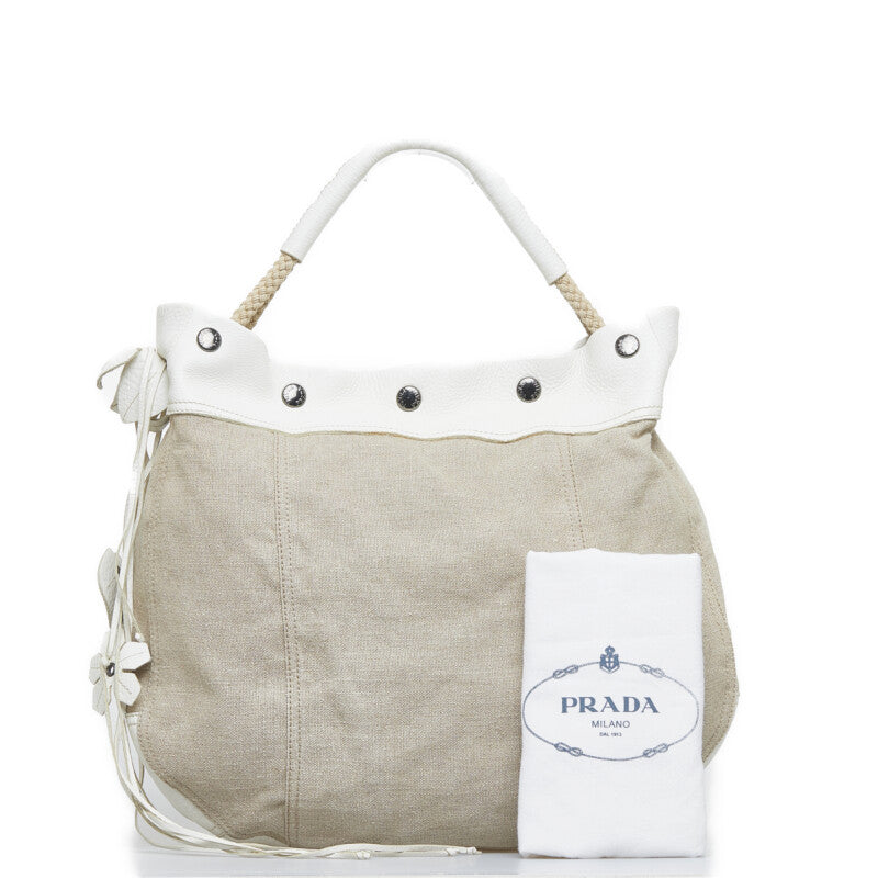 Prada Canvas Leather Handbag Beige White