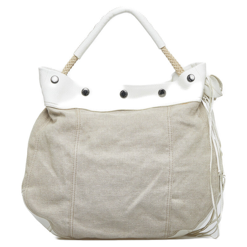 Prada Canvas Leather Handbag Beige White