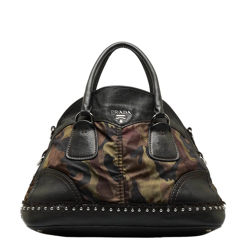 Prada Camouflage Studded Handbag Leather Nylon