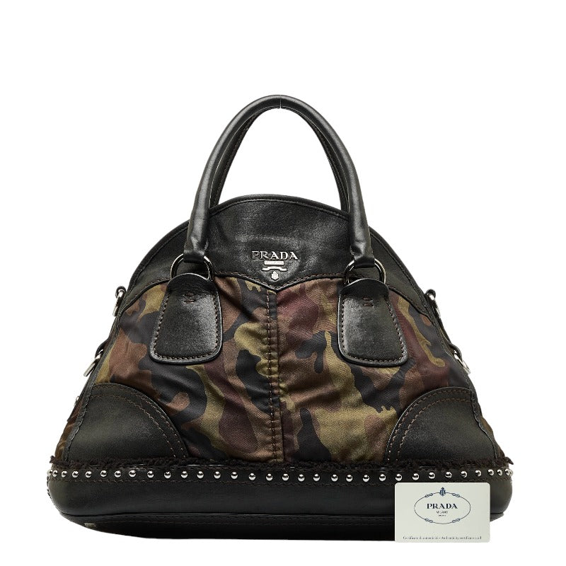 Prada Camouflage Studded Leather Nylon Handbag in Very Good Condition