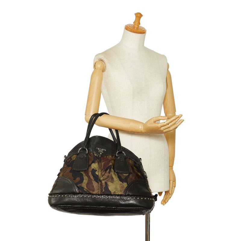 Prada Camouflage Studded Leather Nylon Handbag in Very Good Condition