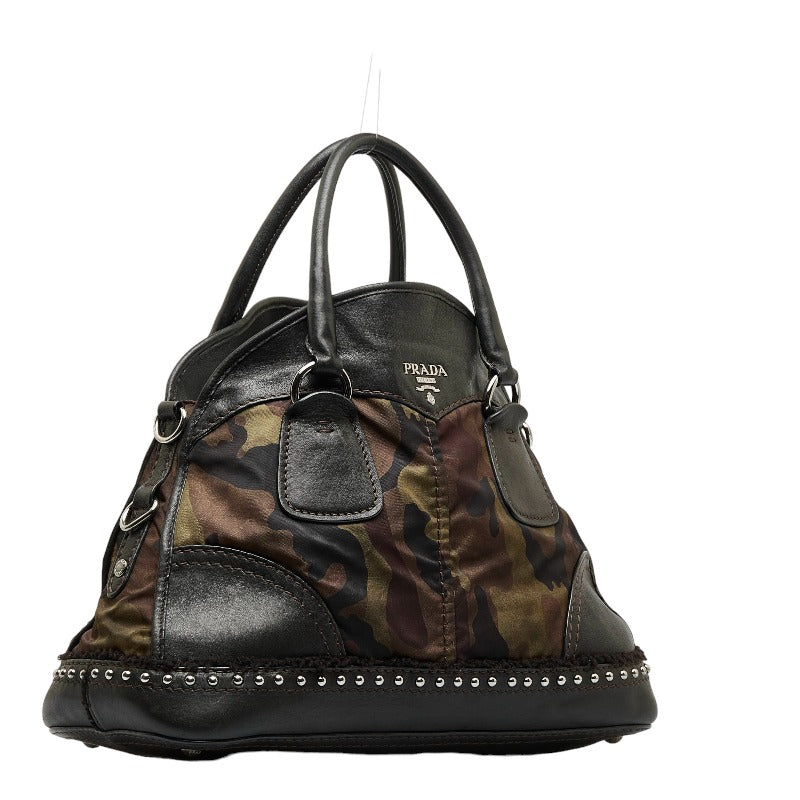 Prada Camouflage Studded Handbag Leather Nylon