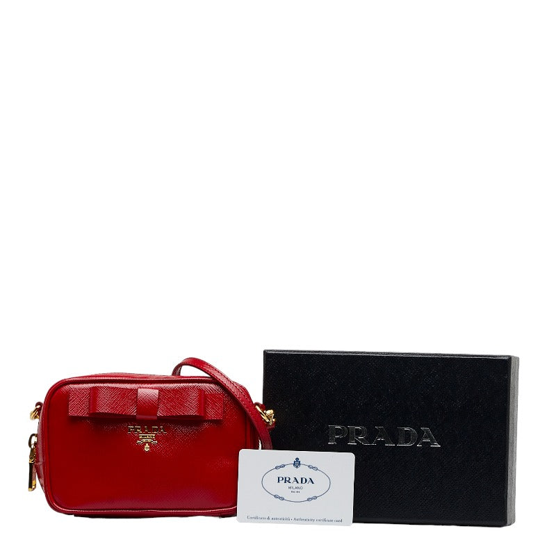 Prada Saffiano Verni Ribbon Gold Mini Shoulder Bag 1N1674 Red Leather in Very Good Condition