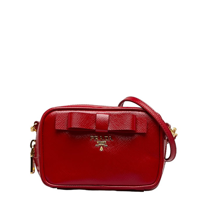 Prada Saffiano Verni Ribbon Gold Mini Shoulder Bag 1N1674 Red Leather in Very Good Condition