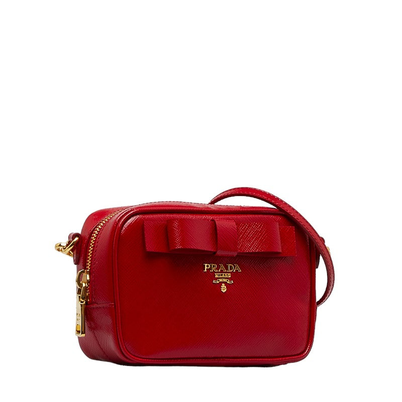 Prada Saffiano Verni Ribbon Gold Mini Shoulder Bag 1N1674 Red Leather in Very Good Condition