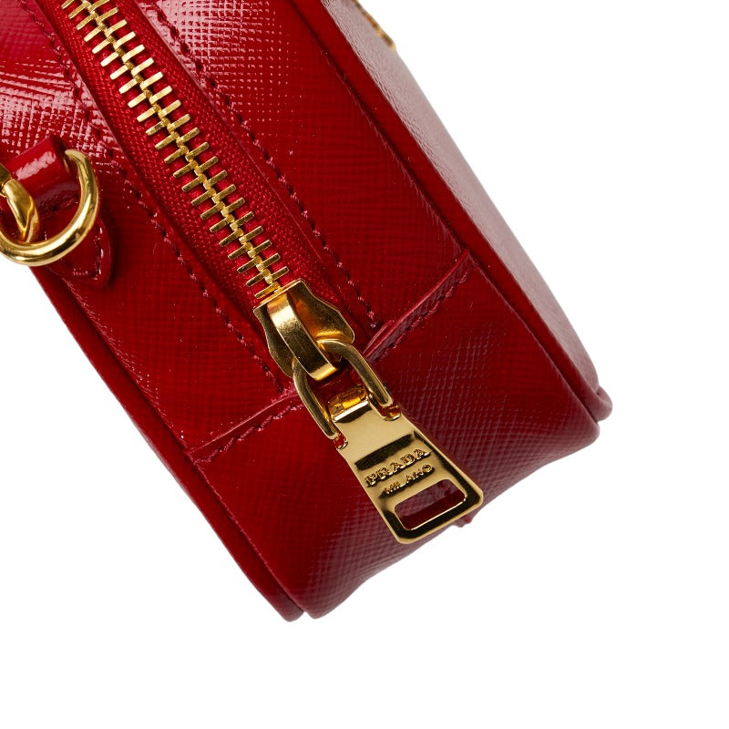 Prada Saffiano Verni Ribbon Gold Mini Shoulder Bag 1N1674 Red Leather in Very Good Condition