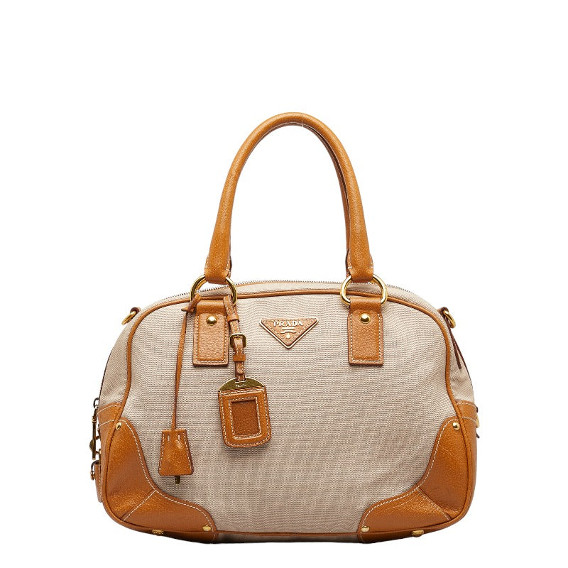 Prada Leather Trimmed Canapa Handbag Canvas Handbag BT0433 in Good condition