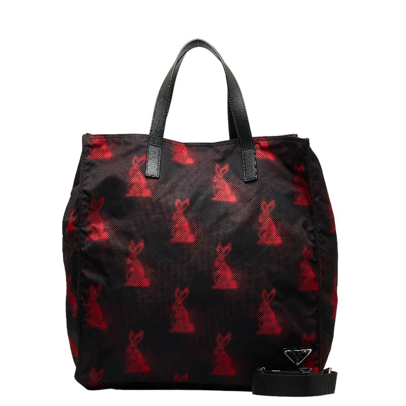 Prada Nylon Rabbit Tote Bag 2WAY Black Red in Very Good Condition