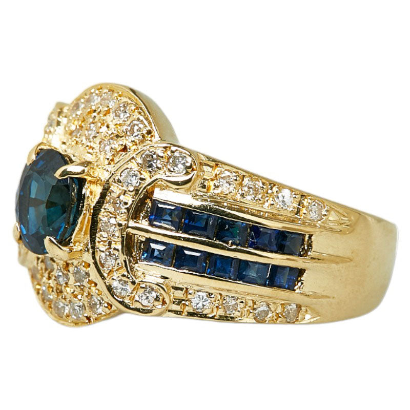 K18 Yellow Gold Ring with 0.34ct Diamond, 1.34ct Sapphire, and 0.30ct Emerald - Size 11.5 for Women
