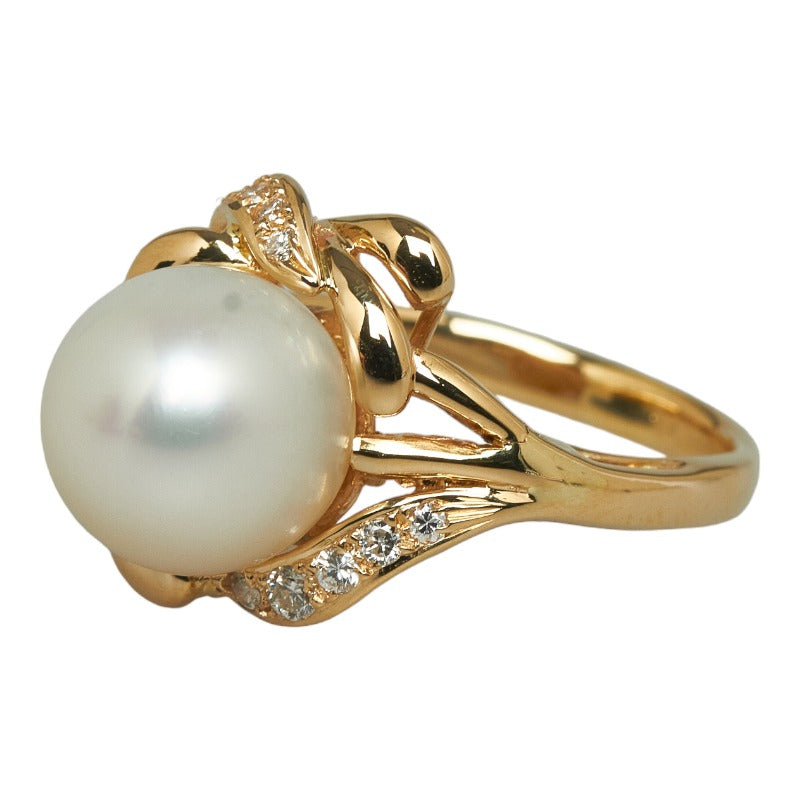 [LuxUness]  Ladies' K18YG Yellow Gold Ring with 10.2mm Pearl and 0.11ct Diamond, Size 14.5 (Pre-Owned) Metal Ring in