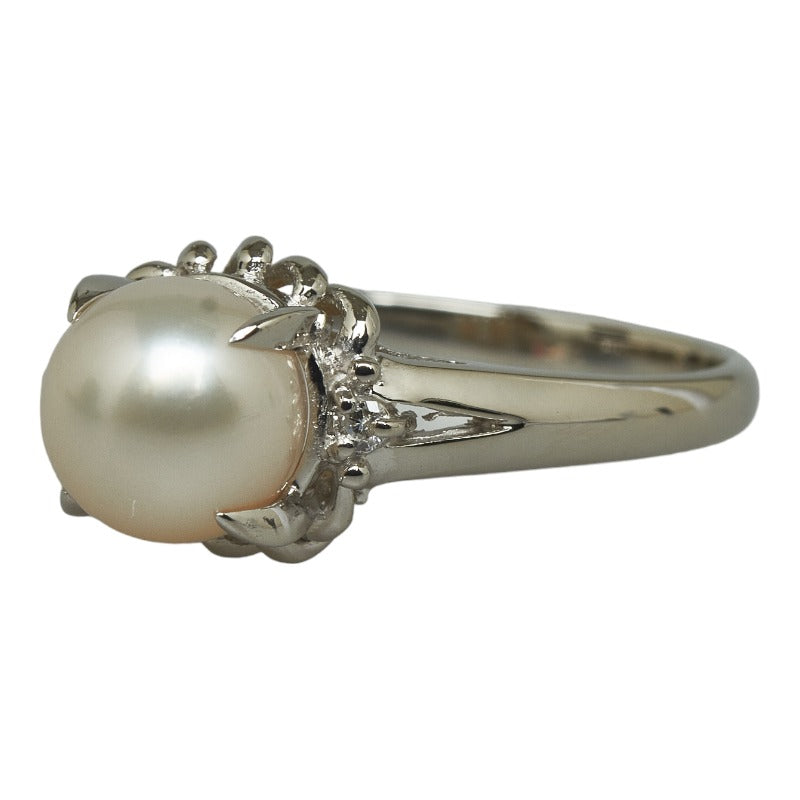 [LuxUness]  Ladies' Pt900 Platinum Ring with 7.5mm Akoya Pearl and 0.03ct Diamond, Size 15 (Pre-Owned) Metal Ring in