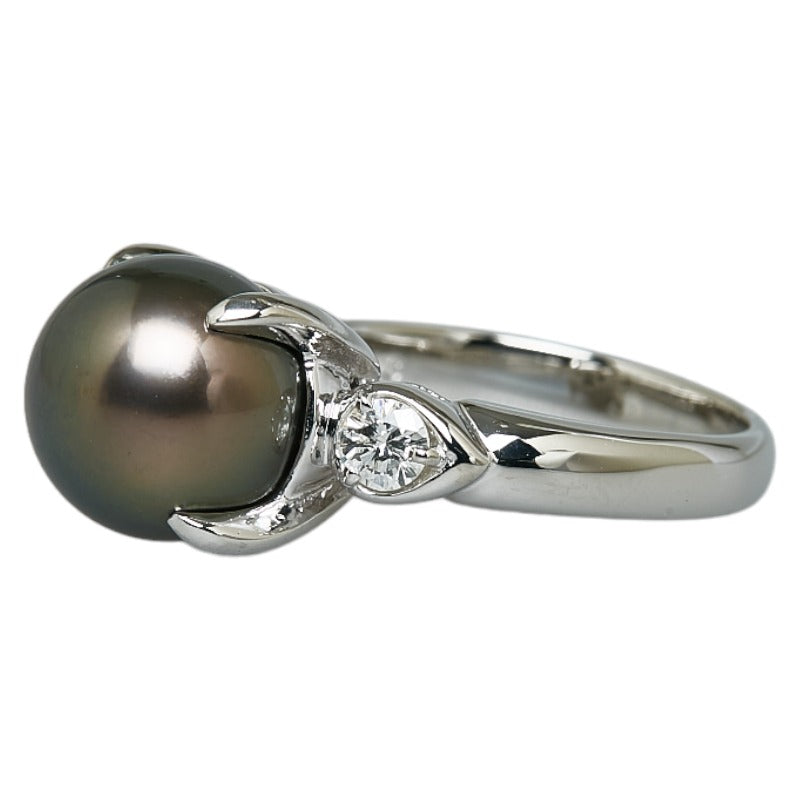 [LuxUness]  Women's Pt900 Platinum Ring with Black Pearl 9.9mm and Diamond 0.23ct, Size 9, Pre-Owned Metal Ring in