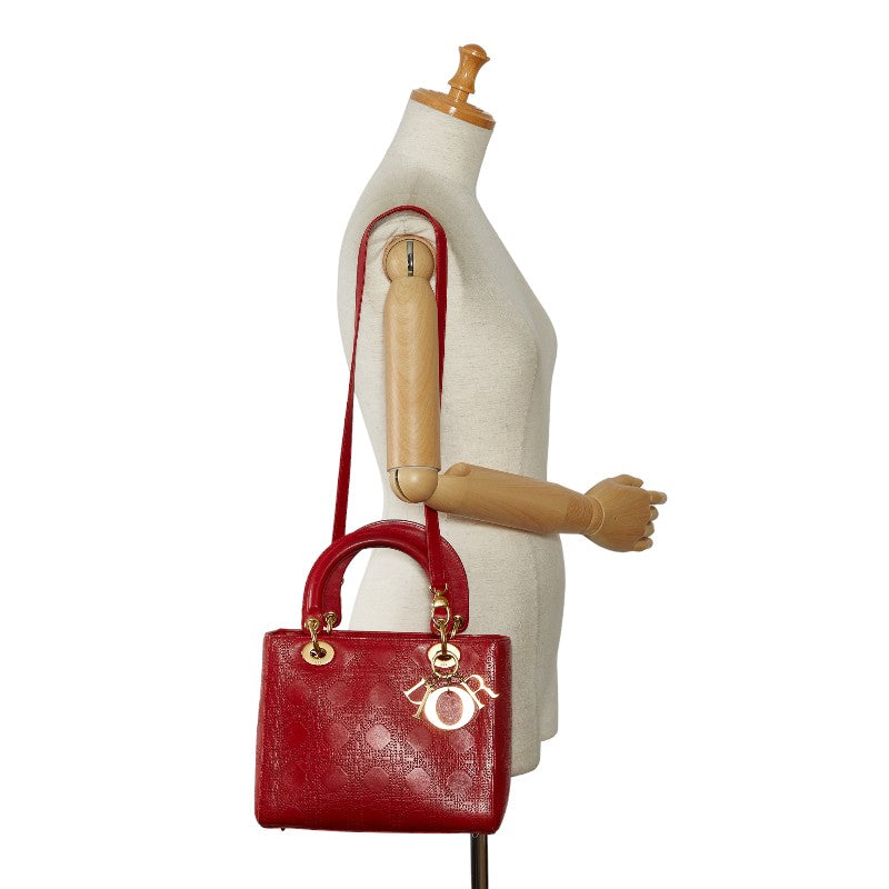 Dior Lady Dior Leather Handbag Red Gold