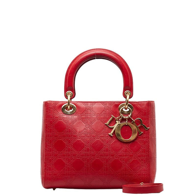 Dior Lady Dior Leather Handbag Red Gold