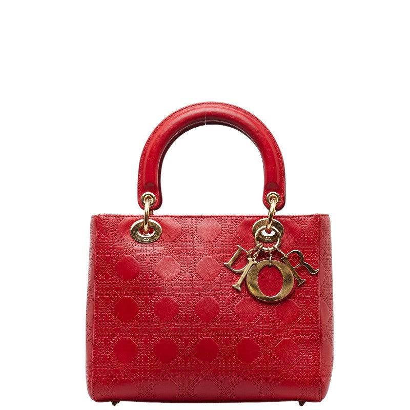 Dior Lady Dior Leather Handbag Red Gold