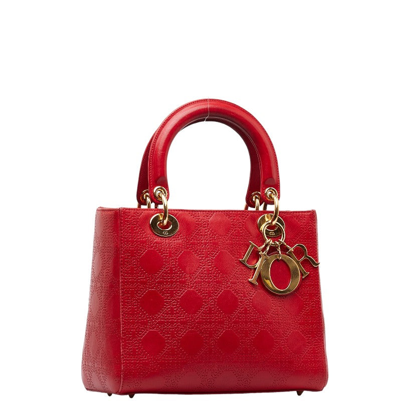 Dior Lady Dior Leather Handbag Red Gold