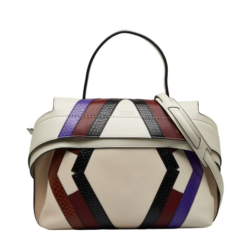 Tod's Leather Python 2WAY Handbag White Multicolor in Good Condition