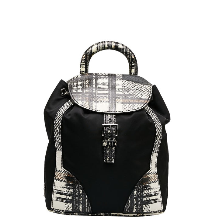 Prada Nylon Leather Tessuto Saffiano Checkered Backpack 1BZ038