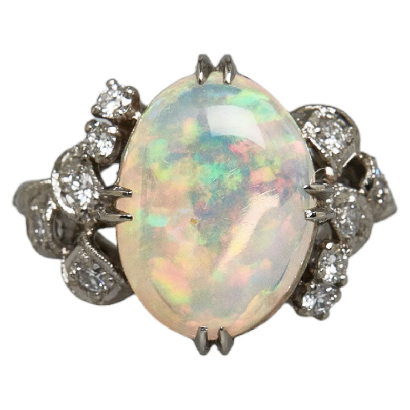 Platinum Pt850 Ring with 3.53ct Opal and 0.13ct Diamond Cabochon for Ladies, Size 12 [Used]