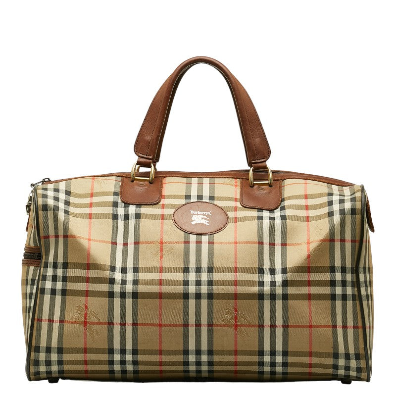 Burberry Nova Check Shadow Horse Canvas Leather Boston Bag in Very Good Condition