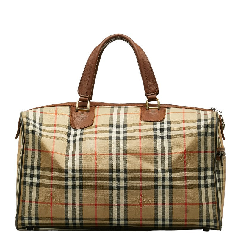 Burberry Nova Check Shadow Horse Canvas Leather Boston Bag in Very Good Condition