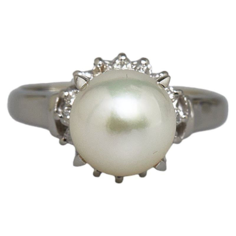 Pt900 Platinum Ring with 8mm Akoya Pearl & 0.15ct Diamond for Women, Size 8