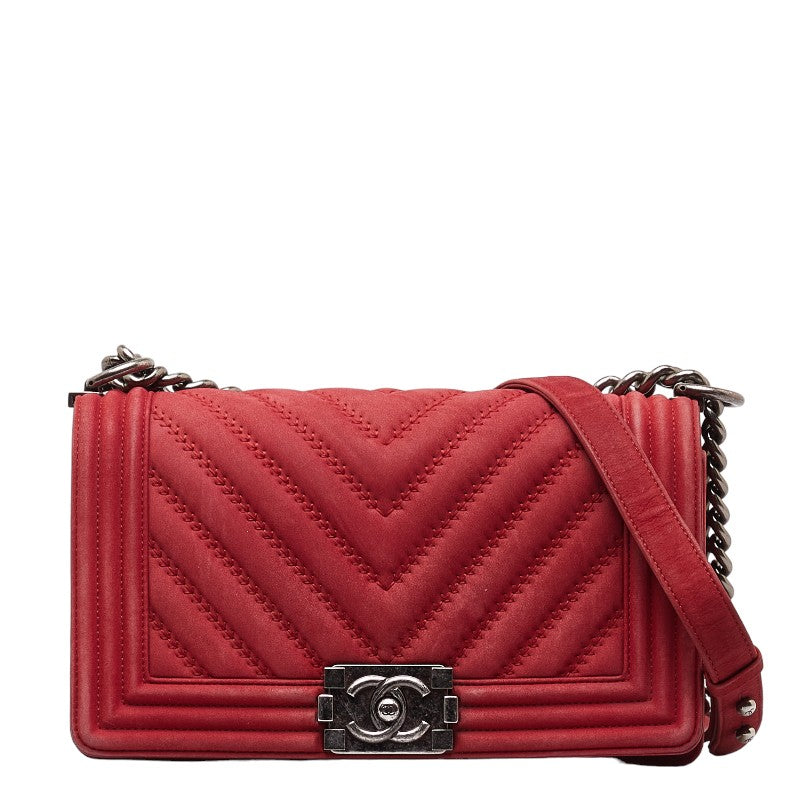 Chanel Boy Suede Chain Shoulder Bag Red Silver in Very Good Condition